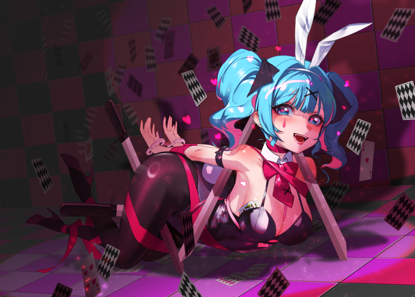 1girl, :d, absurdres, ace_(playing_card), ace_of_hearts, animal_ears, arm_ribbon, arm_strap