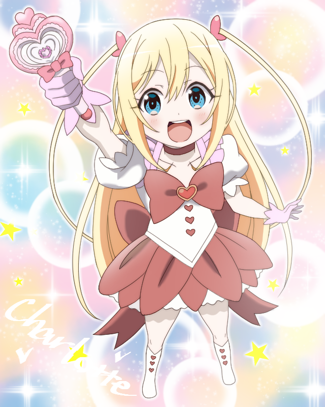 1girl, :d, arm_up, back_bow, blonde_hair, blue_eyes, blush, boots, bow, brooch, character_name, charlotte_zenfis, choker, collarbone, dot_nose, from_above, full_body, gloves, hair_ornament, heart, heart_brooch, heart_wand, holding, holding_wand, jewelry, jitsu_wa_ore_saikyou_deshita?, knee_boots, legs_apart, light_particles, long_hair, looking_at_viewer, multicolored_background, onomekaman, open_mouth, pink_bow, pink_gloves, precure, puffy_sleeves, red_bow, red_choker, red_skirt, skirt, smile, solo, sparkle, standing, star_(symbol), two_side_up, unofficial_precure_costume, wand, white_boots