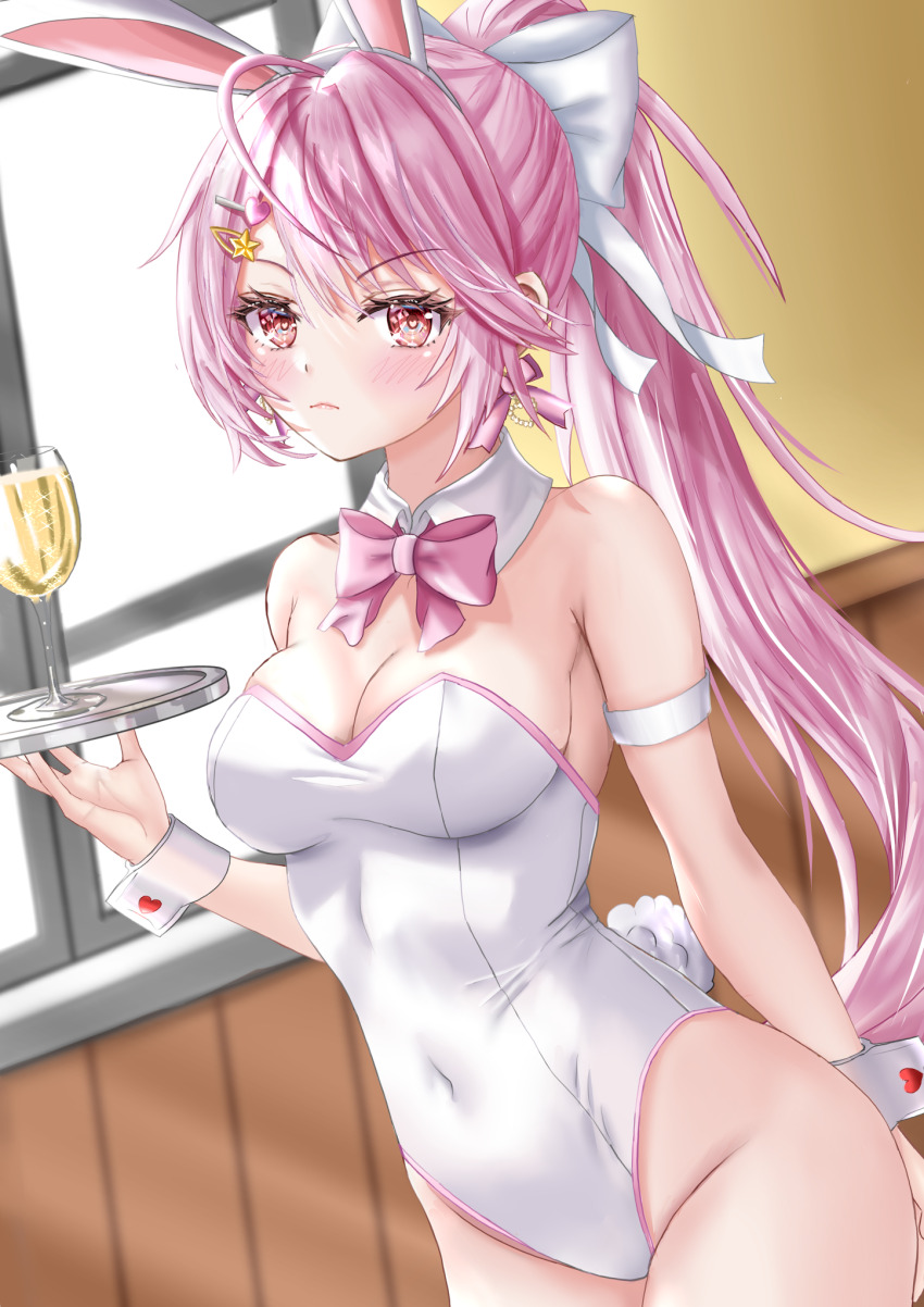 1girl, ahoge, alcohol, animal_ears, arm_garter, backless_leotard, bow, bowtie