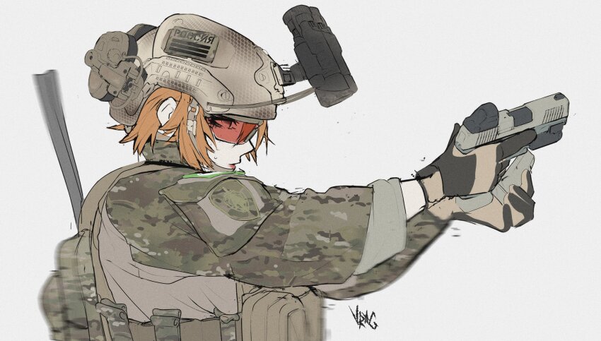 1girl, ammunition_pouch, bulletproof_vest, camouflage, camouflage_headwear, camouflage_jacket, ear_protection, earmuffs, fakuxnxmy, gloves, gun, hair_between_eyes, handgun, helmet, highres, holding, holding_gun, holding_weapon, jacket, lipstick, long_sleeves, makeup, military, military_combat_uniform, military_uniform, night_vision_device, orange_hair, original, patch, pouch, radio, radio_antenna, red_lips, reflex_sight, reloading, safety_glasses, short_hair, signature, simple_background, sleeves_rolled_up, solo, sunglasses, sweatdrop, weapon, white_background, yellow_eyes