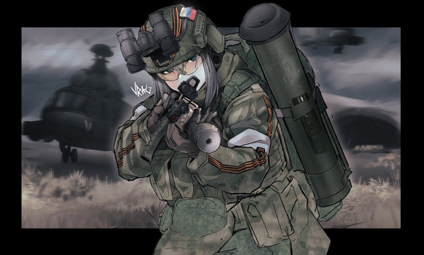 1girl, absurdres, aircraft, ammunition_pouch, anti-tank_missile, assault_rifle, blue_eyes, bulletproof_vest, camouflage, camouflage_headwear, camouflage_jacket, camouflage_pants, commission, ear_protection, eotech, fakuxnxmy, flying, gloves, grass, green_gloves, green_jacket, green_pants, grey_hair, gun, hair_between_eyes, helicopter, highres, holding, holding_gun, holding_weapon, jacket, kalashnikov_rifle, laser_sight, long_sleeves, military, military_combat_uniform, military_uniform, night_vision_device, original, outdoors, pants, pouch, reflex_sight, ribbon_of_saint_george, rifle, russia, russian_flag, russian_ground_forces, russo-ukrainian_war, safety_glasses, short_hair, signature, solo, sunglasses, suppressor, weapon, weapon_request