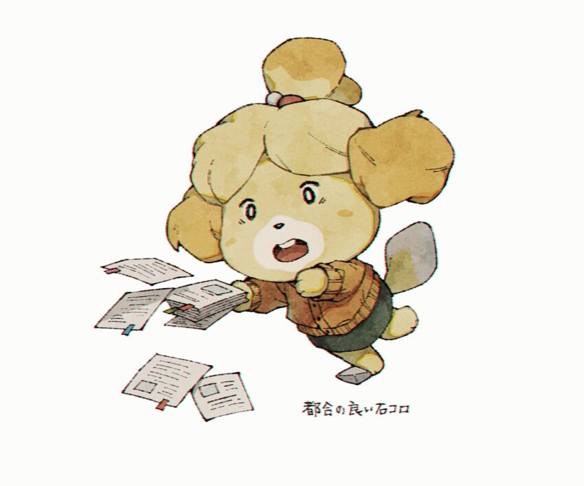 1girl, animal_crossing, blue_eyes, blush, blush_stickers, bright_pupils, brown_cardigan, buttons, cardigan, commentary_request, dog_girl, furry, furry_female, green_skirt, highres, isabelle_(animal_crossing), kaji_(oni_atat), long_sleeves, nintendo, open_mouth, paper, paper_stack, papers, pencil_skirt, rock, simple_background, skirt, solo, surprised, teeth, topknot, translation_request, tripping, upper_teeth_only, white_background, white_pupils, wide-eyed