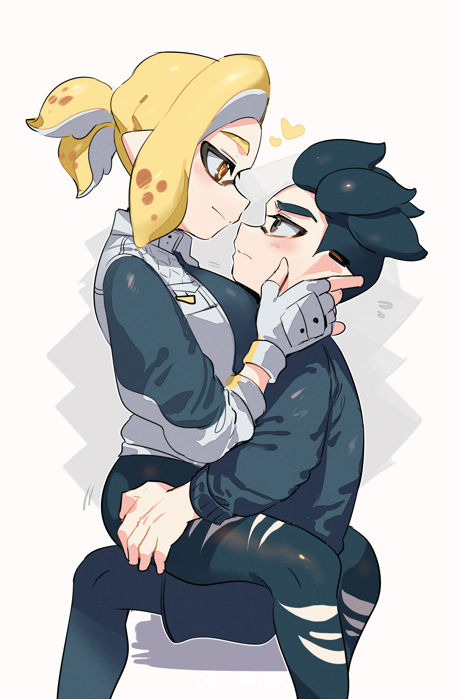 1boy, 1girl, black_eyes, black_hair, black_leggings, black_pants, black_shorts, black_sweater