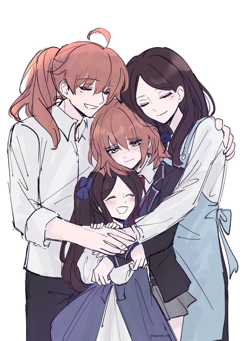 1boy, 3girls, ahoge, brown_hair, dress_shirt, fate/grand_order, fate_(series), group_hug