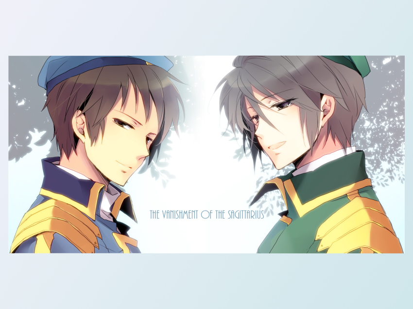 2boys, alternate_costume, bad_id, bad_pixiv_id, brown_eyes, brown_hair, hat, highres