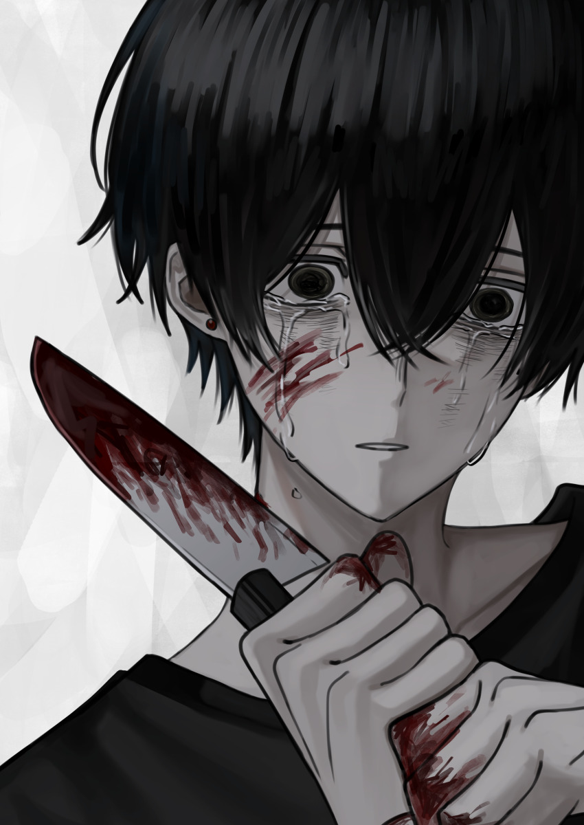 1boy, absurdres, akanei6no_sora, black_eyes, black_hair, black_shirt, blood, blood_on_face