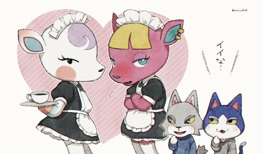 2boys, 2girls, :3, :d, alternate_costume, animal_crossing, apron, aqua_eyes