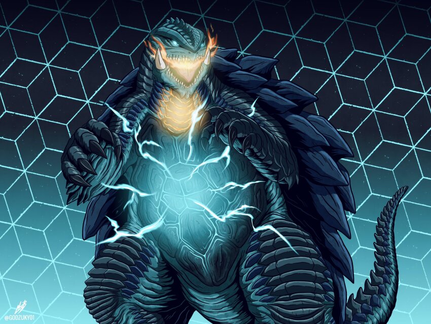 artist_name, blue_electricity, blue_eyes, breath_weapon, breathing_fire, claw_mark, claws, electricity, energy, engi_(animation_studio), fire, gamera, gamera_(series), gamera_-rebirth-, giant, giant_monster, glowing, glowing_eyes, glowing_throat, godzuky01, green_electricity, green_eyes, grid, grid_background, highres, kadokawa, kaiju, monster, multicolored_eyes, night, no_humans, open_mouth, plasma, sharp_teeth, signature, sky, star_(sky), starry_sky, tail, teeth, turtle, tusks, two-tone_eyes, wireframe
