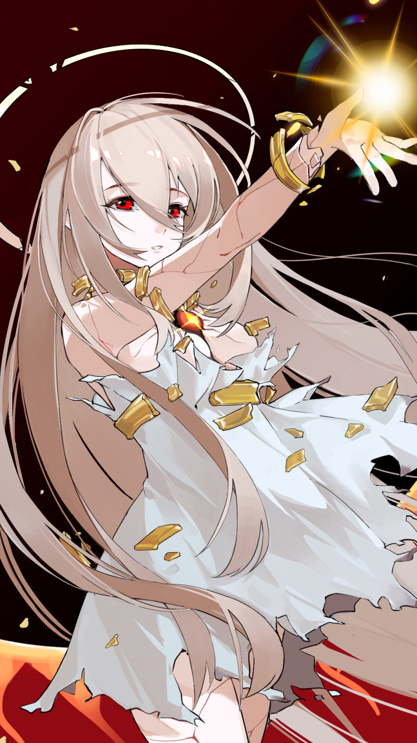 1girl, alchemy_stars, alternate_breast_size, alternate_hair_color, breasts, brown_hair, chest_jewel, cracked_skin, dress, eve_(alchemy_stars), feet_out_of_frame, hair_between_eyes, halo, highres, large_breasts, lips, long_hair, looking_ahead, marum1, open_mouth, outstretched_hand, red_eyes, solo, strapless, strapless_dress, torn_clothes, torn_dress, very_long_hair, white_dress