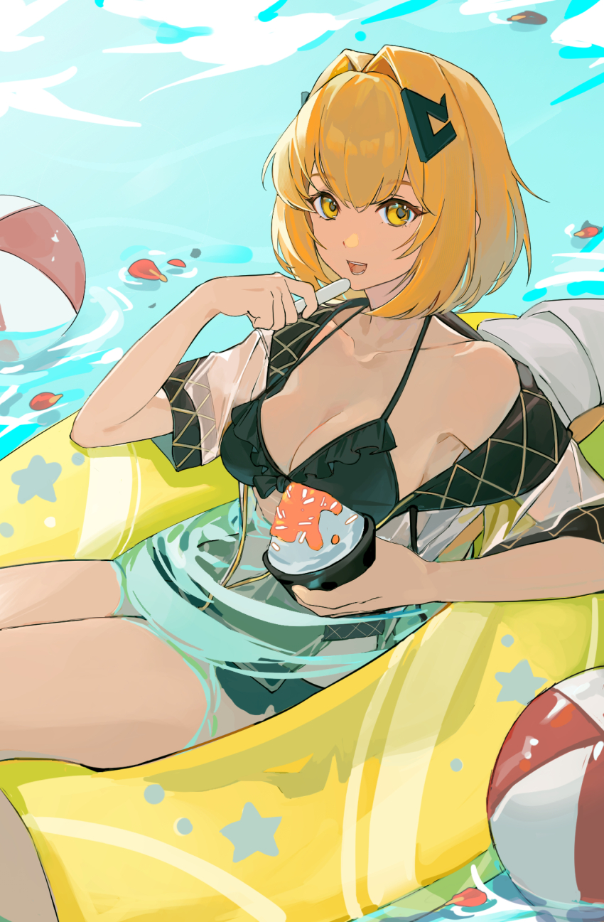 1girl, afloat, alchemy_stars, ball, beachball, bikini, black_bikini, blonde_hair, breasts, cleavage, feet_out_of_frame, food, hair_between_eyes, hair_ornament, hairclip, highres, innertube, jacket, looking_at_viewer, marum1, medium_breasts, open_mouth, petals, petals_on_liquid, ripples, shaved_ice, smile, solo, swim_ring, swimsuit, teeth, upper_teeth_only, vice_(alchemy_stars), wet, wet_clothes, white_jacket, yellow_eyes