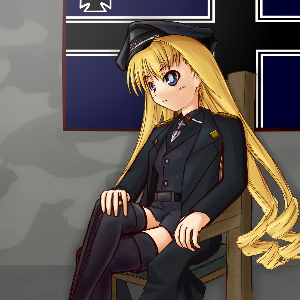 1girl, alice_soft, belt, blonde_hair, blue_eyes, bokunoryuugi, chair, cross