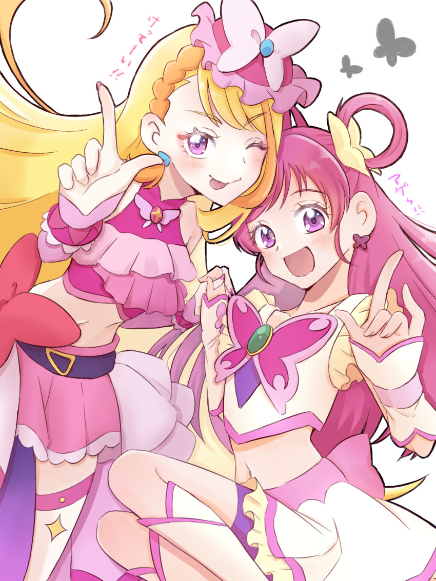 2girls, ;p, \n/, bike_shorts, bike_shorts_under_skirt, blonde_hair, boots, bow