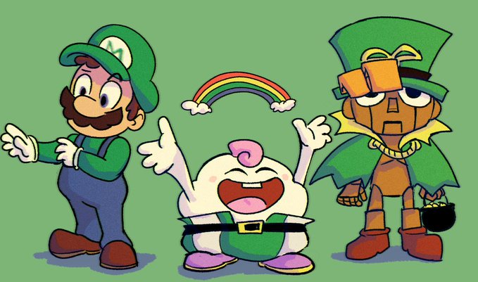 3boys, brown_hair, full_body, geno_(mario), gloves, hand_up, happy, hat, looking_at_viewer, luigi, mallow_(mario), mario_(series), multiple_boys, muscular, nintendo, overall, puppet, rainbow, saint_patrick's_day, square_enix, standing, super_mario_rpg, top_hat