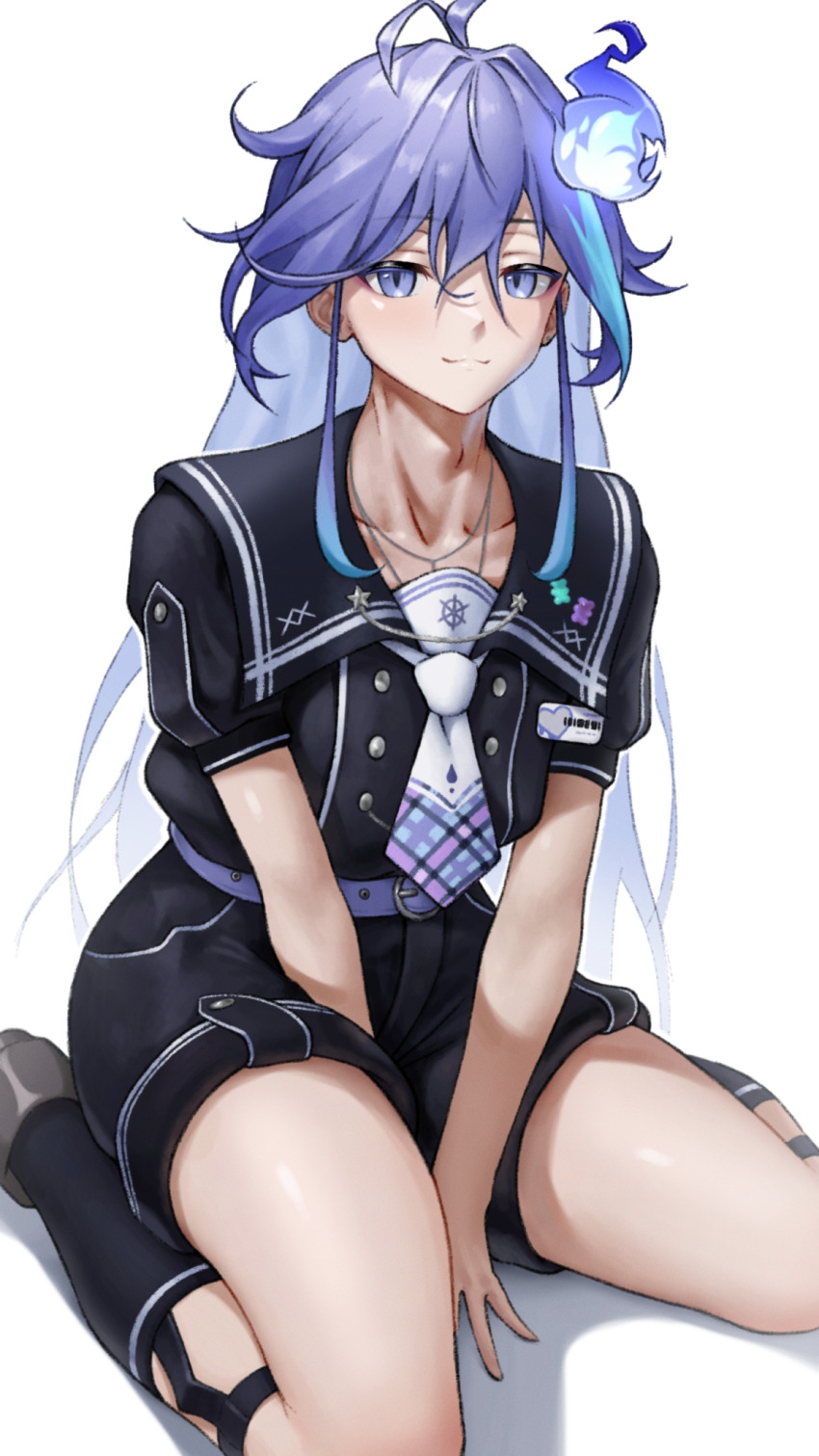 1boy, antenna_hair, arms_between_legs, bishounen, black_sailor_collar, black_shorts, blue_fire, blue_hair, collarbone, fire, hair_between_eyes, highres, holostars, jewelry, kneehighs, kneeling, light_blush, long_hair, looking_at_viewer, male_focus, minase_rio, minase_rio_(2nd_costume), multicolored_hair, necklace, official_alternate_costume, purple_eyes, purple_hair, sailor_collar, sailor_shirt, shadow, shirt, shorts, simple_background, sitting, skylock, smile, socks, solo, thighs, virtual_youtuber, white_background