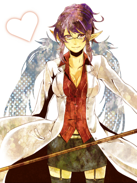 00s, 1girl, bad_id, bad_pixiv_id, female_focus, garter_belt, glasses, heart, judith_(tales), lab_coat, miniskirt, official_alternate_costume, pointy_ears, purple_hair, skirt, smile, solo, tales_of_(series), tales_of_vesperia, thighhighs, vesper_(yutd), white_background