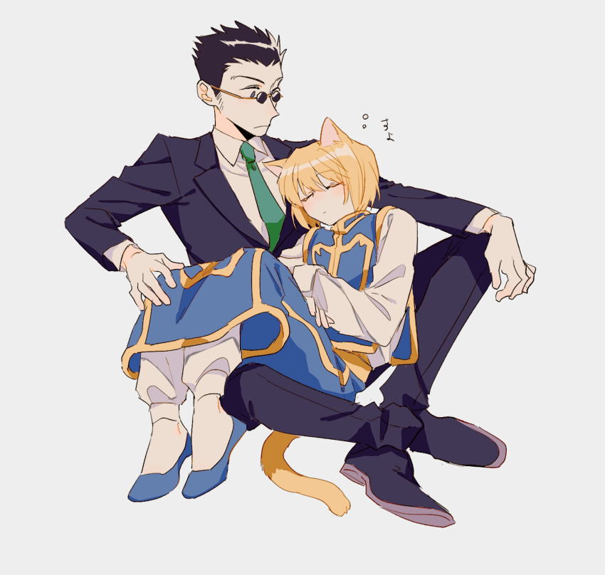 2boys, animal_ears, black_hair, black_suit, blonde_hair, blush, cat_boy, cat_ears