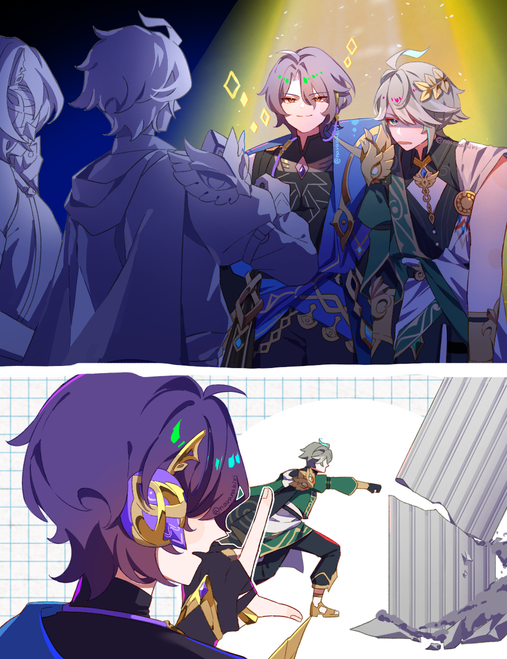 4boys, alhaitham_(genshin_impact), alhaitham_(genshin_impact)_(cosplay), alternate_color, annoyed, cape, colored_inner_hair, compression_shirt, cosplay, costume_switch, crossover, dr._ratio_(honkai:_star_rail), dr._ratio_(honkai:_star_rail)_(cosplay), gem, genshin_impact, green_eyes, green_hair, grey_hair, hair_between_eyes, hair_over_one_eye, headphones, highres, honkai:_star_rail, honkai_(series), index_finger_raised, looking_at_another, male_focus, mihoyo, multicolored_eyes, multicolored_hair, multiple_boys, nara_nakiri, parted_bangs, partially_shaded_face, punching, purple_hair, red_eyes, shirt, short_hair, smile, tunic, twitter_username, two-tone_hair, yellow_eyes