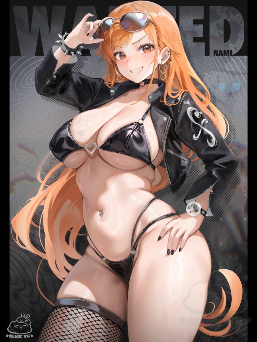 1girl, absurdres, adjusting_eyewear, alice_vu, arm_up, artist_logo, artist_name, bikini