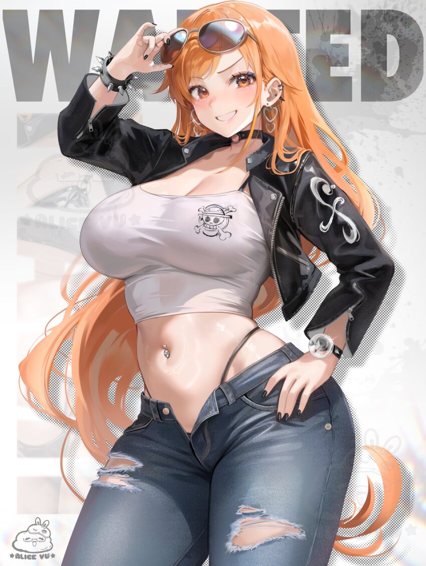 1girl, absurdres, adjusting_eyewear, alice_vu, arm_up, artist_logo, artist_name, black_choker, black_jacket, black_nails, black_panties, blue_pants, blush, bracelet, breasts, camisole, character_name, choker, cleavage, commentary, commission, compass, contrapposto, cowboy_shot, cropped_jacket, curvy, denim, diffraction_spikes, ear_piercing, earrings, eyewear_on_head, floating_earrings, grin, hand_on_own_ass, heart, heart_earrings, highleg, highleg_panties, highres, jacket, jeans, jewelry, jolly_roger, large_breasts, logo, long_hair, looking_at_viewer, midriff, nail_polish, nami_(one_piece), narrow_waist, navel, navel_piercing, o-ring, o-ring_choker, one_piece, open_clothes, open_fly, open_jacket, orange_eyes, orange_hair, original, panties, pants, pantyshot, parted_lips, piercing, skull_and_crossbones, smile, solo, spaghetti_strap, spiked_bracelet, spikes, sunglasses, teeth, torn_clothes, torn_jeans, torn_pants, underwear, very_long_hair, wanted_poster, watermark, white_camisole, wrist_compass