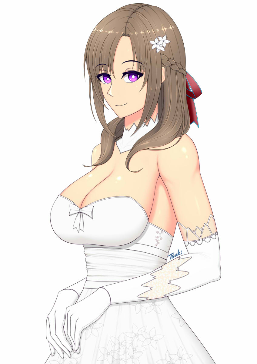 1girl, bare_shoulders, breasts, brown_hair, cleavage, detached_collar, dress, elbow_gloves
