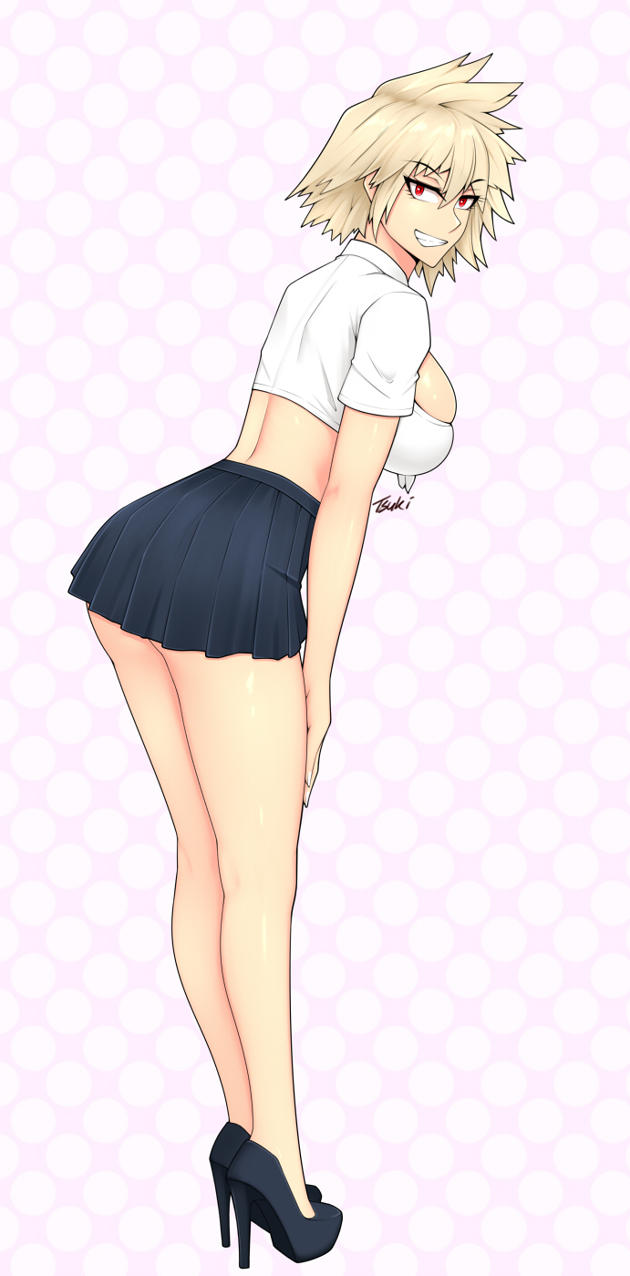 1girl, bakugou_mitsuki, blonde_hair, boku_no_hero_academia, cleavage_cutout, clothing_cutout, grin, high_heels, highres, looking_at_viewer, mature_female, midriff, miniskirt, red_eyes, skirt, smile, solo, tsuki_riven