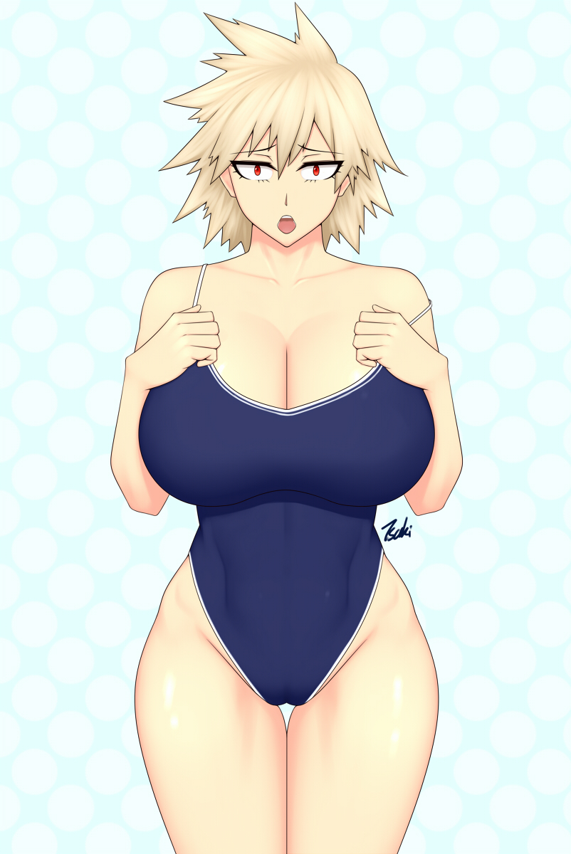 1girl, bakugou_mitsuki, blonde_hair, boku_no_hero_academia, breasts, cleavage, highres, looking_at_viewer, mature_female, one-piece_swimsuit, open_mouth, red_eyes, solo, swimsuit, tsuki_riven