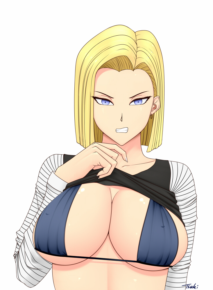 1girl, android_18, angry, bikini, blonde_hair, blue_eyes, clenched_teeth, clothes_lift