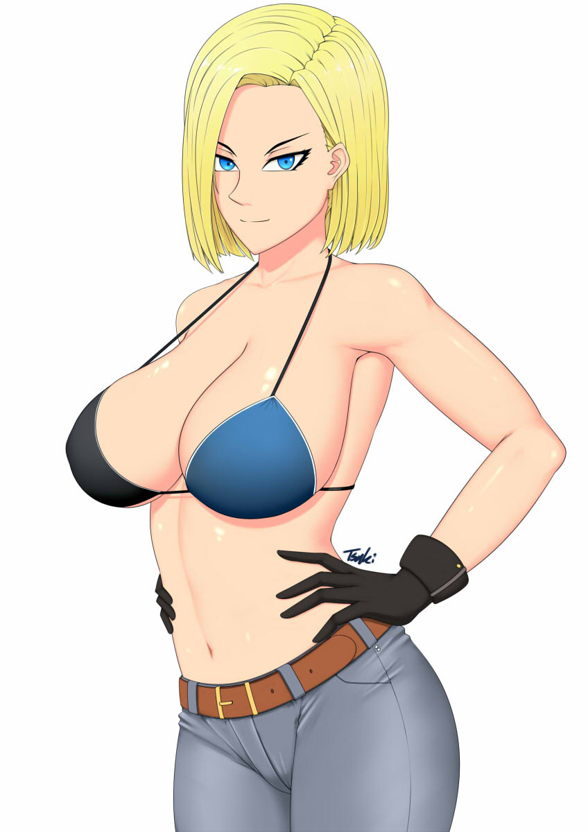 1girl, android_18, belt, bikini, bikini_top_only, blonde_hair, blue_eyes, denim
