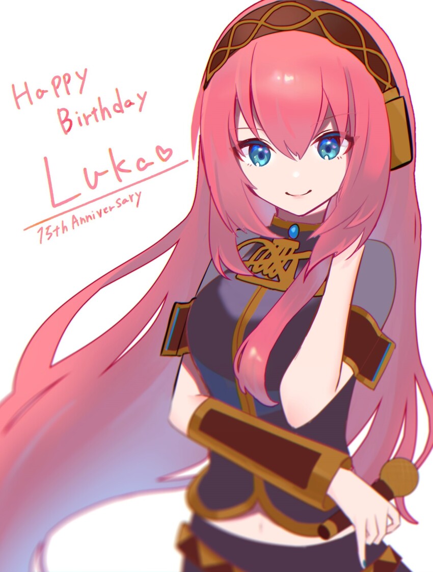 1girl, anniversary, black_shirt, black_skirt, blue_nails, blurry, breasts, character_name