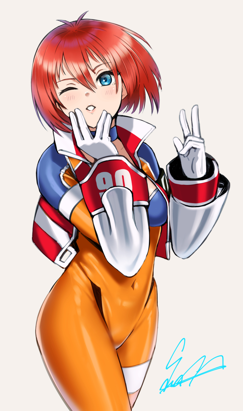 1girl, artist_name, blue_eyes, blush, bodysuit, burning_rangers, gauntlets, gloves