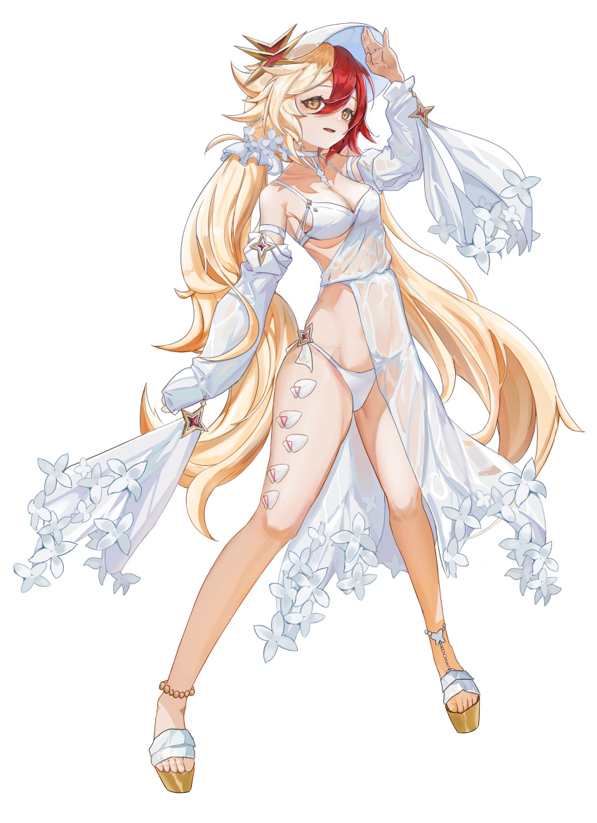 1girl, absurdres, alchemy_stars, anklet, arm_up, bikini, blonde_hair, breasts