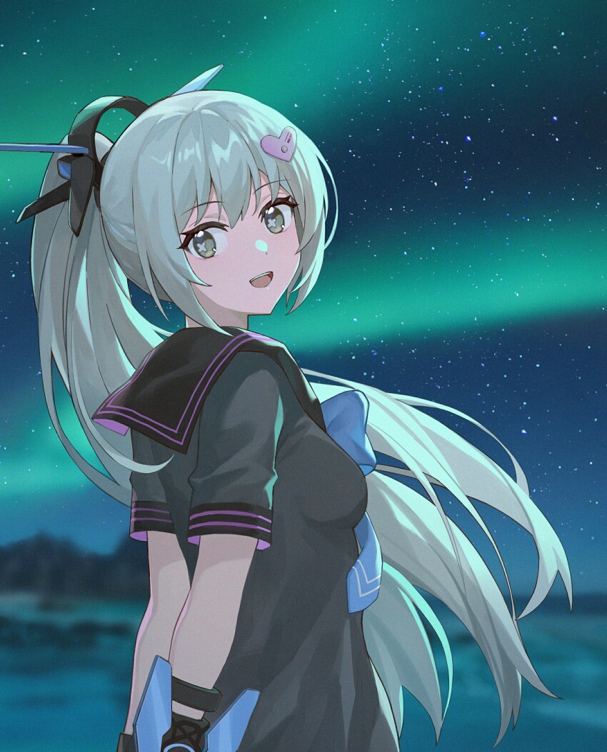 1girl, absurdres, arms_behind_back, aurora, black_serafuku, blue_neckerchief, blurry, blurry_background
