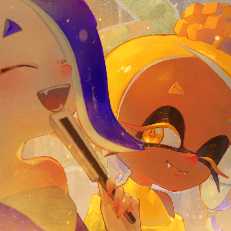 2girls, :>, bare_shoulders, blonde_hair, blue_hair, blue_shawl, breasts, chest_sarashi