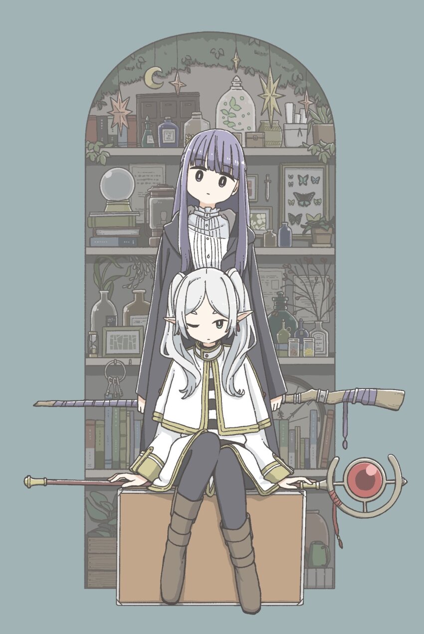 2girls, black_coat, black_pantyhose, blunt_bangs, book, book_stack, bookshelf, boots