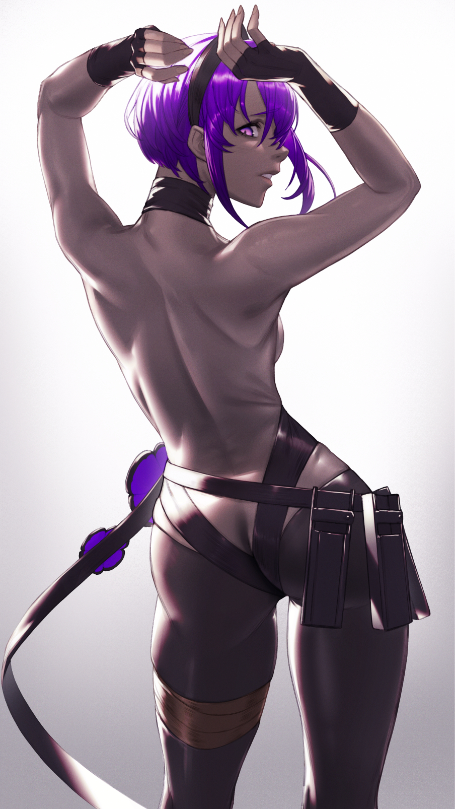 1girl, ass, back, backboob, backless_outfit, bare_shoulders, black_gloves, black_hairband