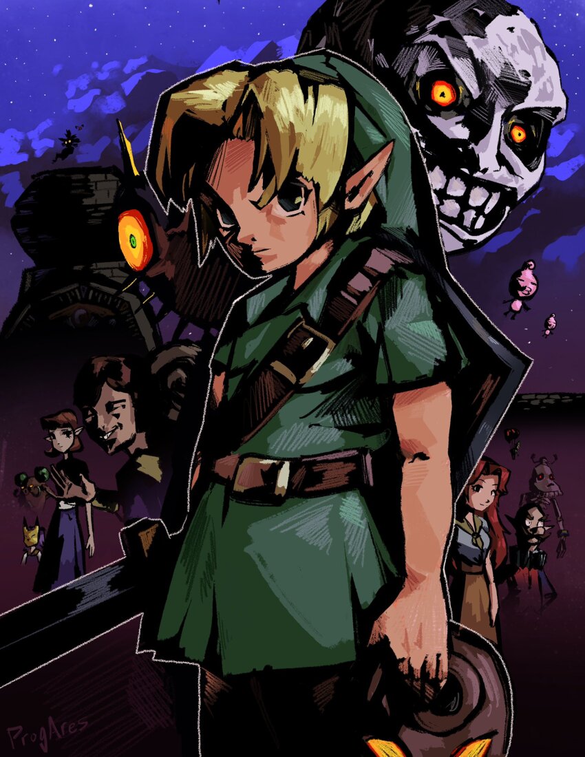 2girls, 4boys, anju_(zelda), blue_eyes, brown_hair, brown_skirt, captain_keeta, closed_eyes