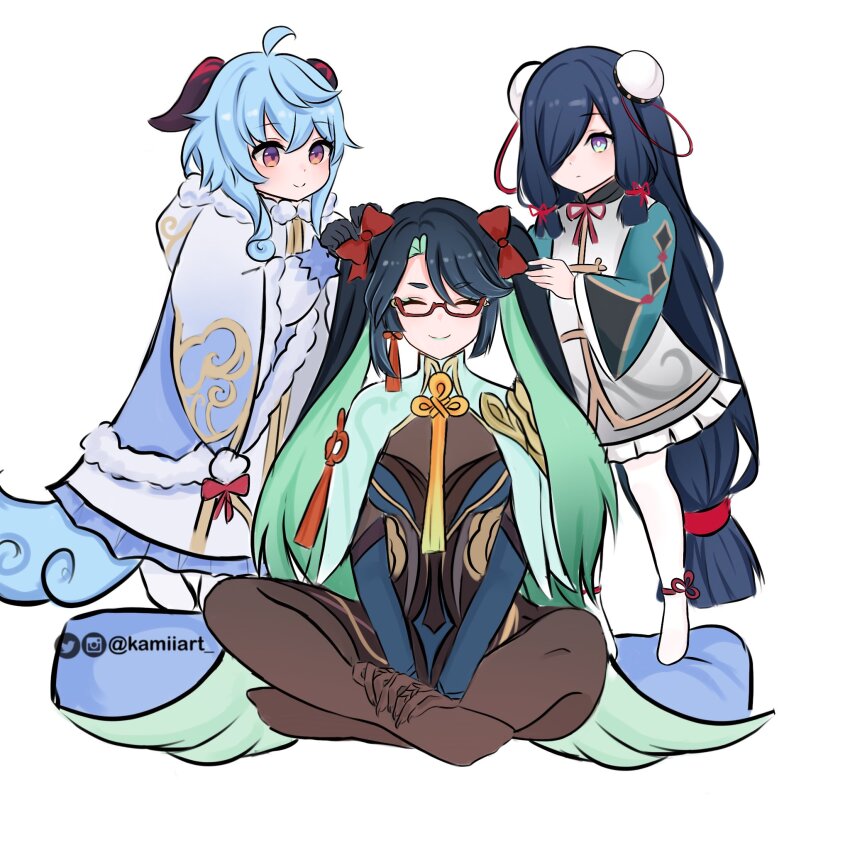 3girls, aged_down, alternate_hairstyle, artist_name, black_hair, blue_dress, blue_eyes, breasts