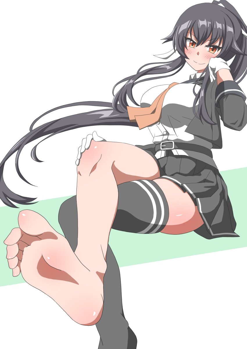 1girl, absurdres, black_hair, black_jacket, black_sailor_collar, black_skirt, black_thighhighs, brown_eyes