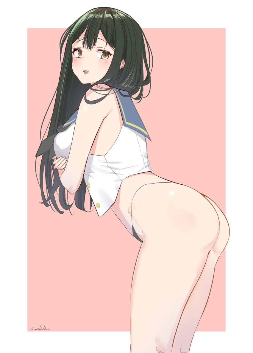 1girl, ass, black_hair, black_panties, blue_sailor_collar, breasts, chikuma_(kancolle), cosplay