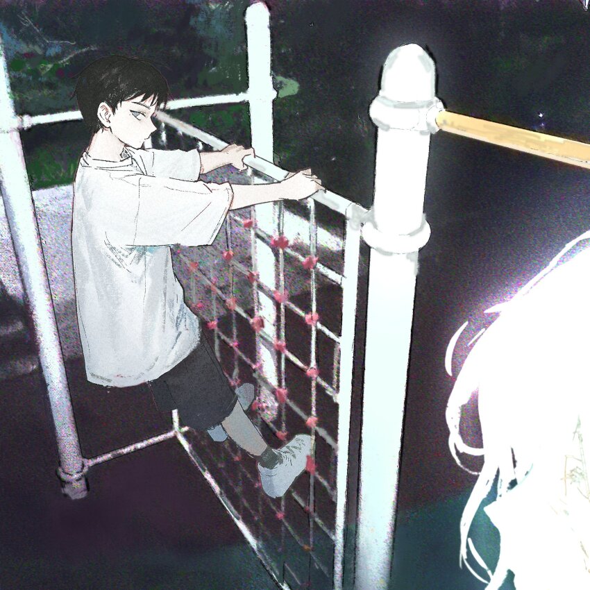 1boy, black_hair, black_shorts, black_socks, chenpeipeii, child, from_side, full_body, grey_eyes, highres, holding, looking_at_another, looking_at_viewer, male_focus, night, original, oversized_clothes, playground, shirt, shoes, shorts, sneakers, socks, white_shirt, white_shoes