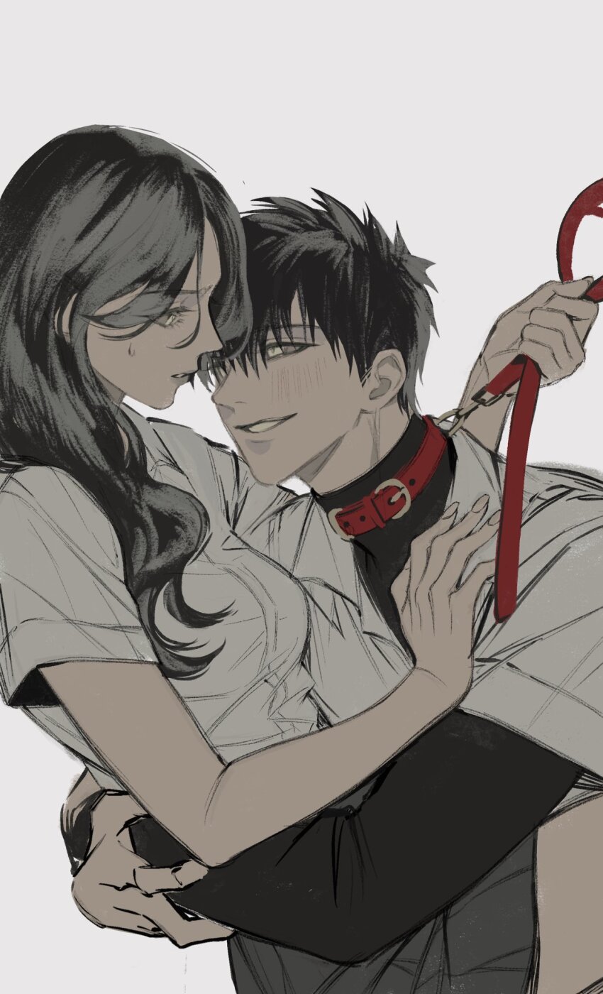 1boy, 1girl, black_hair, couple, dark_skin, eye_contact, hand_on_another's_chest, hetero