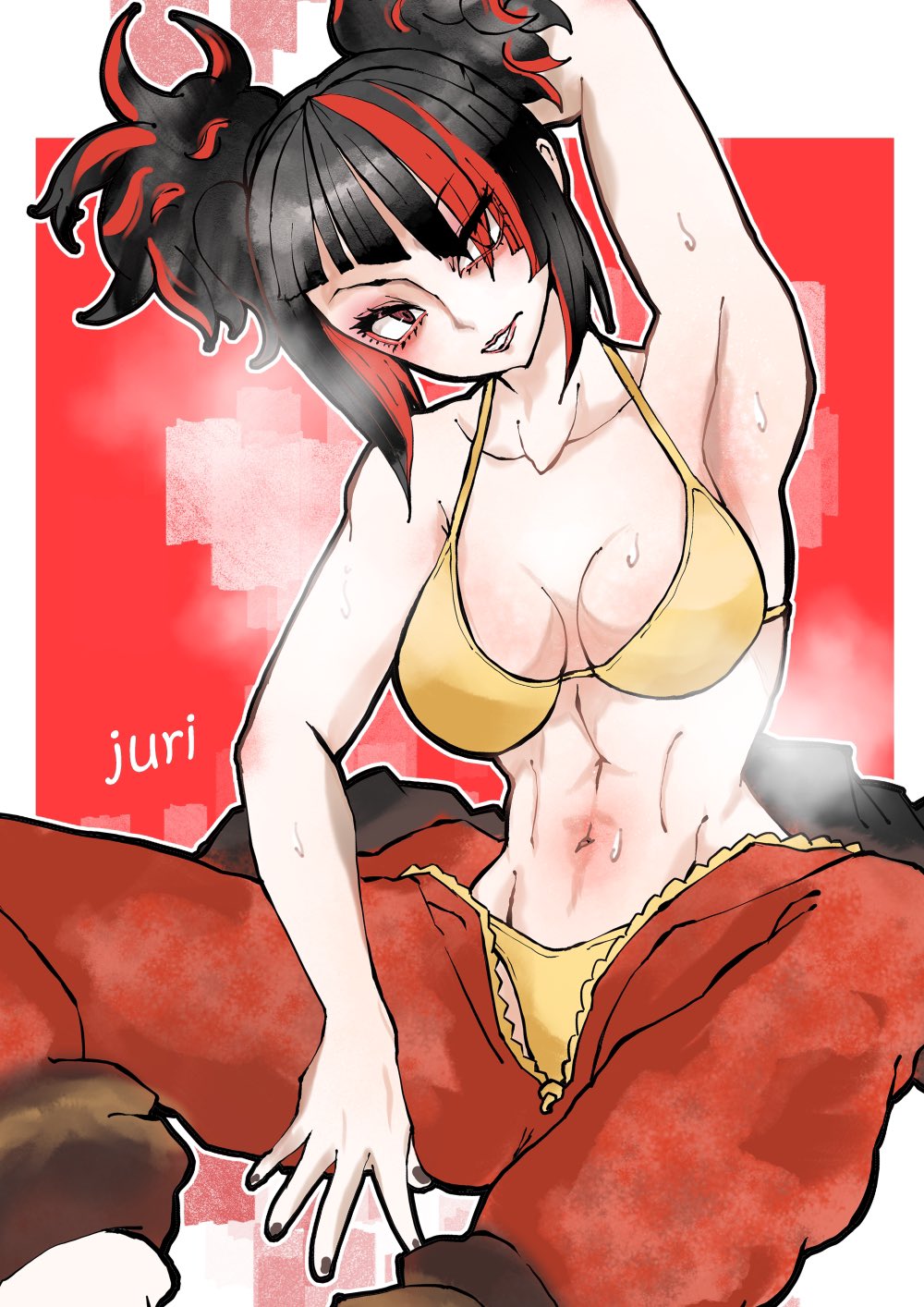 1girl, abs, amane_shinobu, armpits, breasts, han_juri, highres, looking_at_viewer, medium_breasts, muscular, muscular_female, nail_polish, onesie, open_pajamas, pajamas, simple_background, sitting, solo, street_fighter, street_fighter_6, sweat, underwear