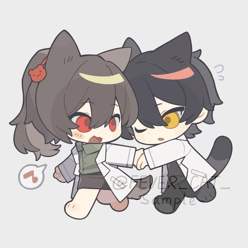 1boy, 1girl, :d, :o, absurdres, animal_ears, ayin_(project_moon), barefoot, black_hair, black_pants, blush, brown_hair, carmen_(project_moon), cat_boy, cat_ears, cat_girl, cat_tail, chibi, coat, fevercat, flying_sweatdrops, from_side, green_shirt, grey_skirt, hair_between_eyes, heart, hetero, highres, holding_hands, kemonomimi_mode, lab_coat, looking_at_another, one_eye_closed, open_mouth, outstretched_arm, pants, pencil_skirt, ponytail, project_moon, red_eyes, shirt, short_hair, sidelocks, simple_background, skirt, smile, spoken_heart, tail, white_background, white_coat, yellow_eyes