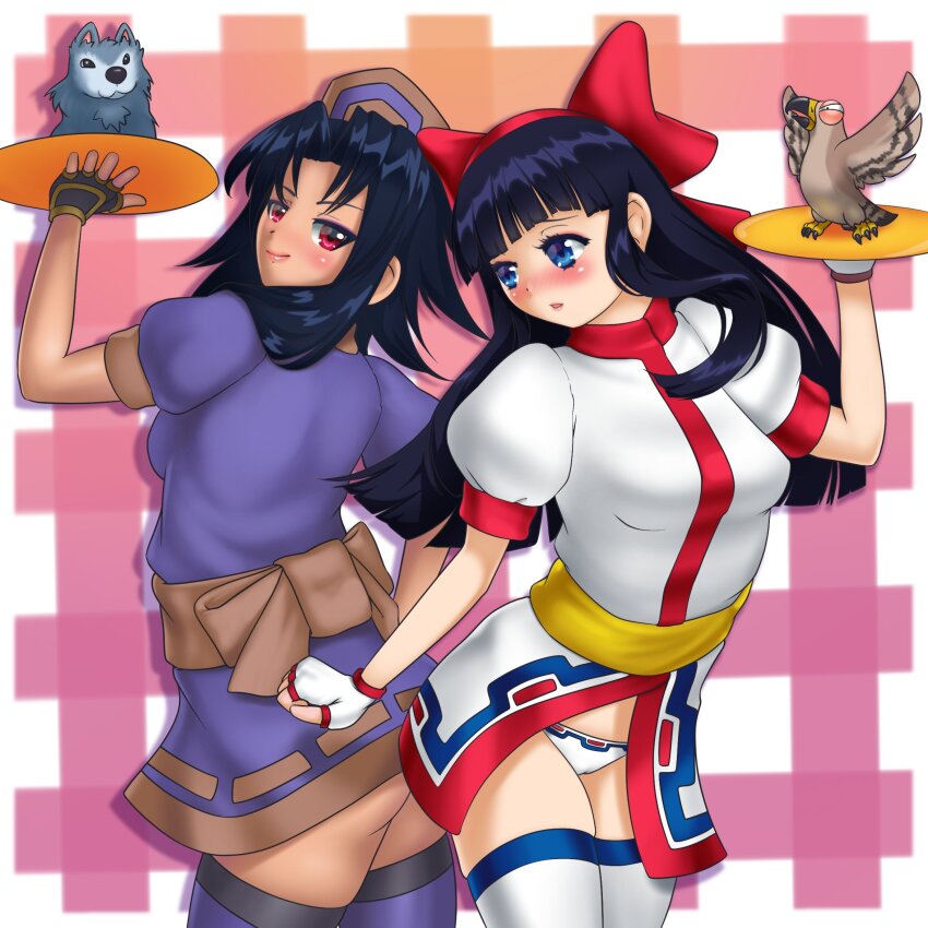 2girls, ainu_clothes, artist_name, ass, backboob, bird, black_hair, blue_eyes, blue_hair, breasts, hair_ribbon, half-closed_eyes, hand_on_own_hip, highres, legs, long_hair, looking_at_viewer, looking_back, makeup, mamahaha, medium_breasts, multiple_girls, nakoruru, no_panties, otocai, panties, parted_lips, pink_lips, red_eyes, rera, ribbon, samurai_spirits, seductive_gaze, seductive_smile, shikuru, small_breasts, smile, snk, thick_thighs, thighhighs, thighs, underwear, waitress, wolf