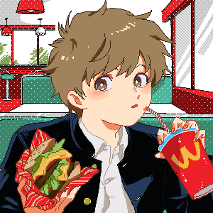 1boy, blush, brown_eyes, brown_hair, burger, cola, fast_food, food
