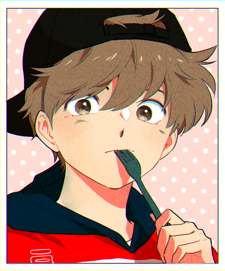 1boy, baseball_cap, blush, brown_eyes, brown_hair, dotted_background, fork, ganbare!_nakamura-kun!!
