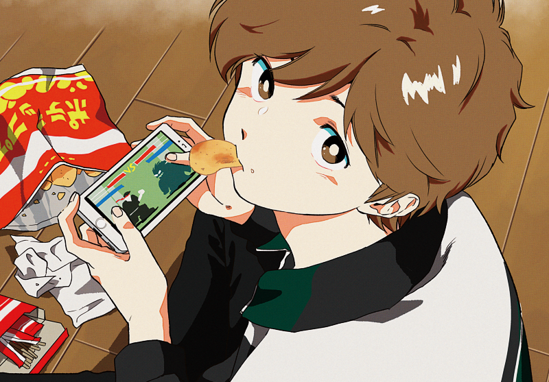 1boy, biting, blush, brown_eyes, brown_hair, chips_(food), food, ganbare!_nakamura-kun!!