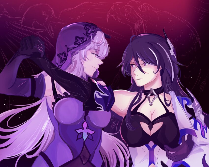 2girls, acheron_(honkai:_star_rail), black_gloves, black_swan_(honkai:_star_rail), commentary_request, dancing, dress, elbow_gloves