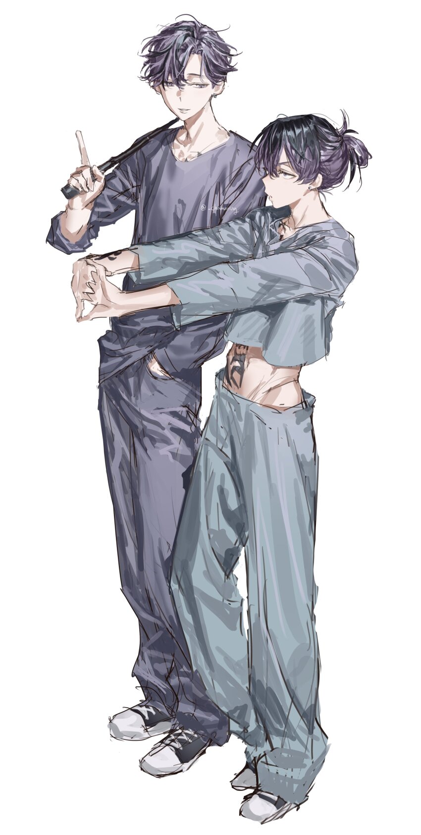 2boys, absurdres, arm_tattoo, baton_(weapon), blue_shirt, brothers, chamuring, chest_tattoo