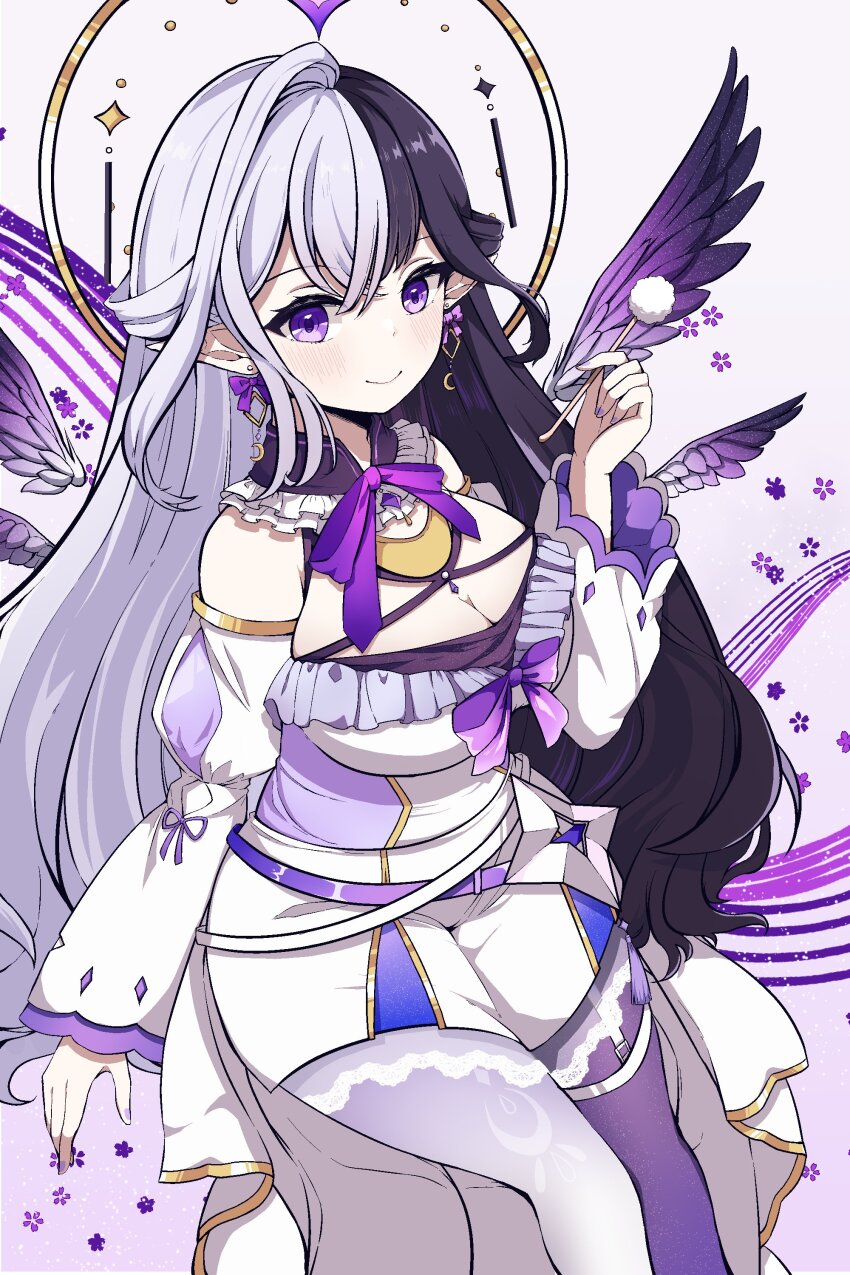 1girl, absurdres, algorhythm_project, black_hair, closed_mouth, dress, eileennoir, halo, highres, hinakoyuki, long_hair, multicolored_hair, pointy_ears, purple_eyes, shorts, smile, solo, thighhighs, two-tone_hair, virtual_youtuber, white_dress, white_hair, white_shorts, wings